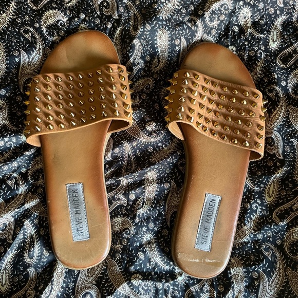 Steve Madden Brown Leather Studded Slide Sandals - Picture 1 of 6